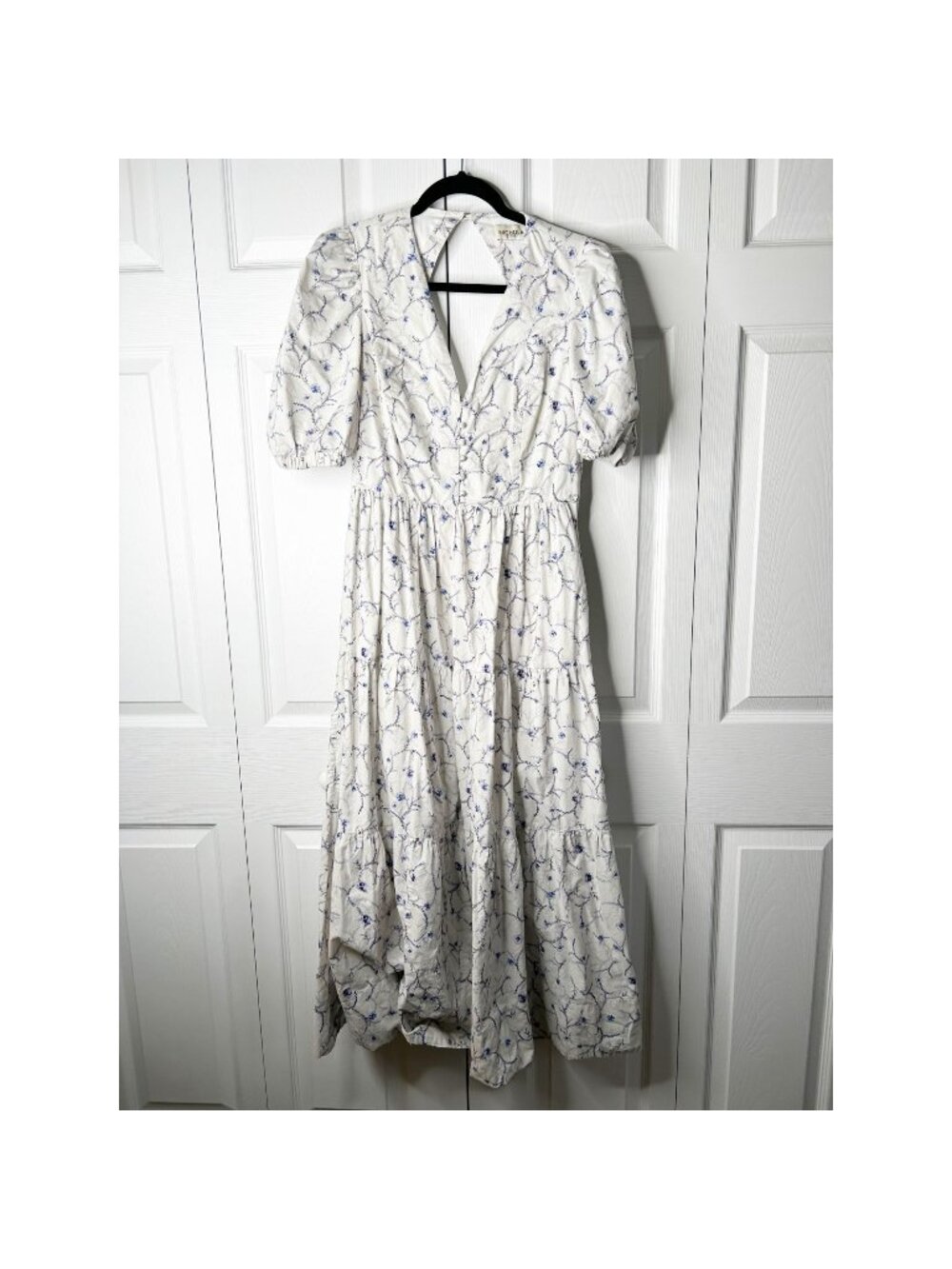 Nicholas Celie White Blue Floral Print Short Sleeve Maxi Dress Women's Size 8